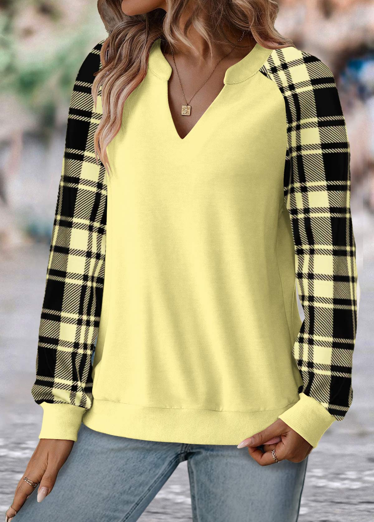 Light Yellow Split Plaid Long Sleeve Sweatshirt