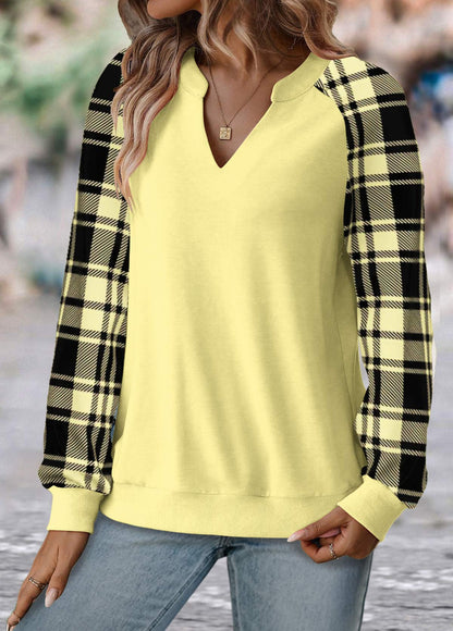 Light Yellow Split Plaid Long Sleeve Sweatshirt