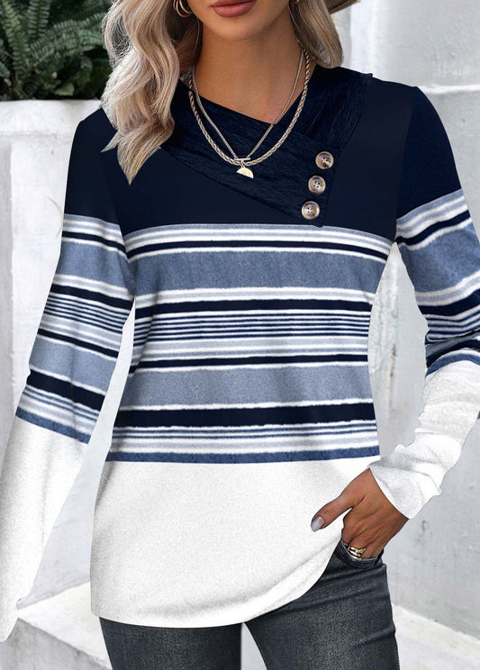 Navy Patchwork Striped Long Sleeve Asymmetrical Neck Sweatshirt