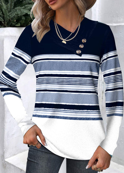Navy Patchwork Striped Long Sleeve Asymmetrical Neck Sweatshirt