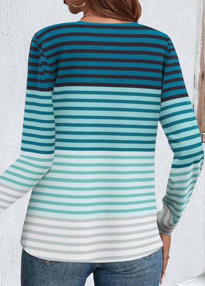 Green Patchwork Striped Long Sleeve Split Neck T Shirt
