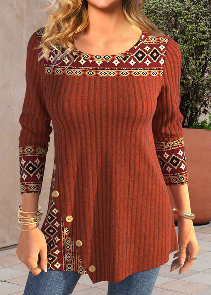 Brick Red Patchwork Tribal Print Long Sleeve T Shirt