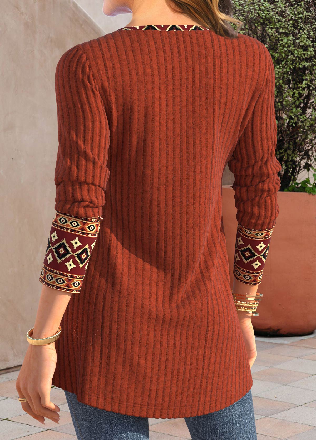 Brick Red Patchwork Tribal Print Long Sleeve T Shirt
