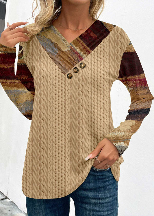 Light Camel Patchwork Graffiti Print Long Sleeve Sweatshirt