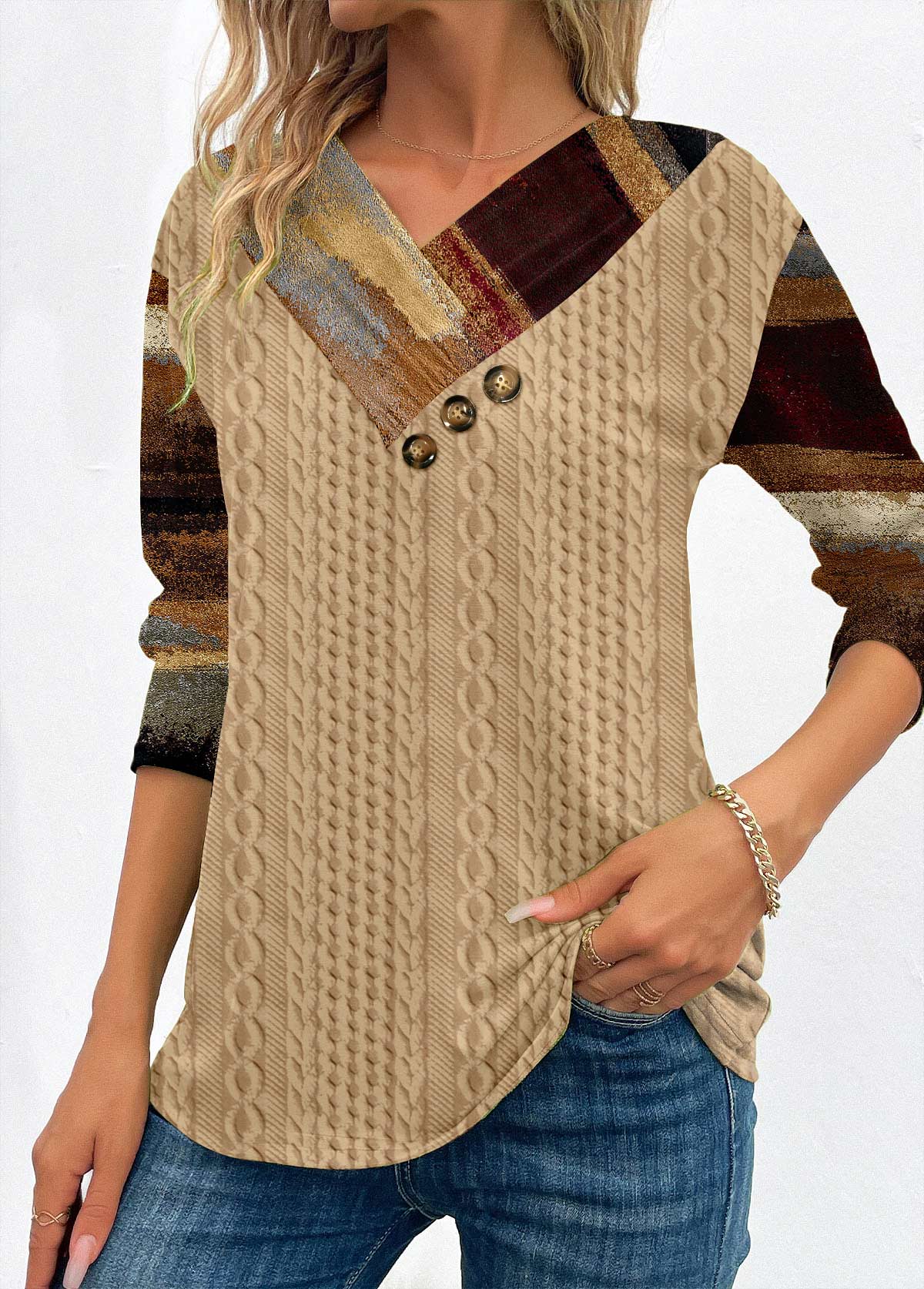 Light Camel Patchwork Graffiti Print Long Sleeve Sweatshirt