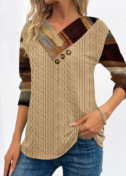 Light Camel Patchwork Graffiti Print Long Sleeve Sweatshirt