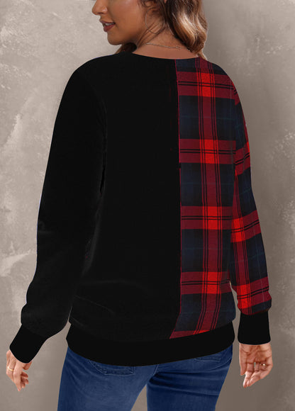 Black Patchwork Christmas Print Round Neck Sweatshirt