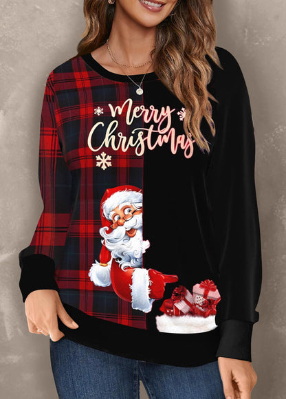 Black Patchwork Christmas Print Round Neck Sweatshirt