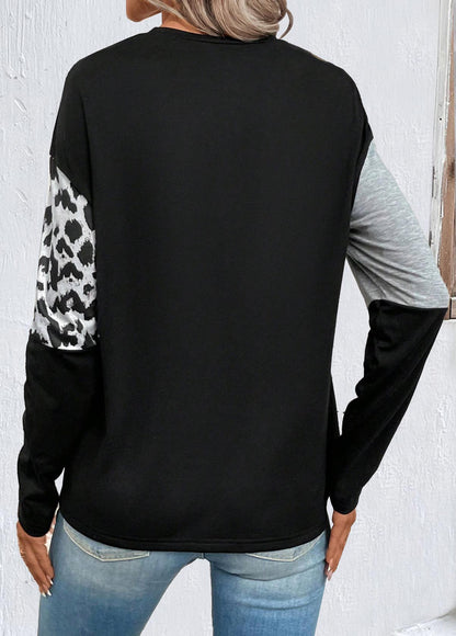 Black Patchwork Leopard Long Sleeve Round Neck Sweatshirt