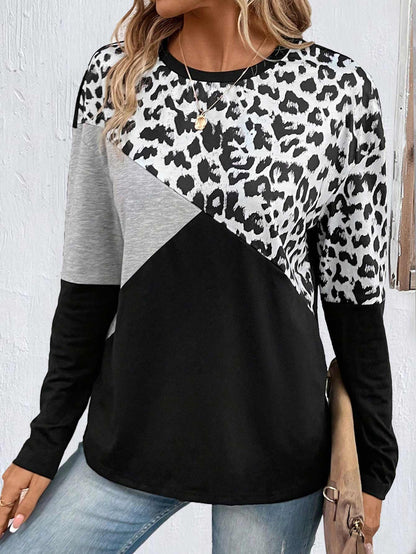 Black Patchwork Leopard Long Sleeve Round Neck Sweatshirt