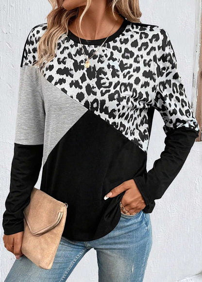 Black Patchwork Leopard Long Sleeve Round Neck Sweatshirt