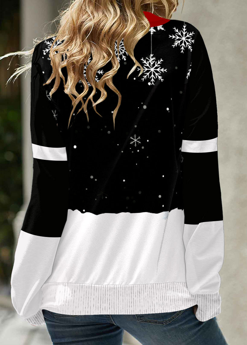 Black Patchwork Snowman Print Long Sleeve Cowl Neck Sweatshirt