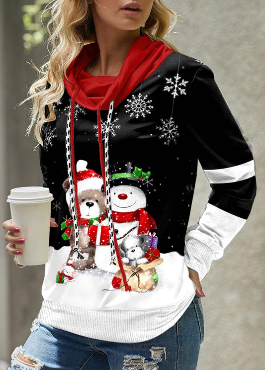 Black Patchwork Snowman Print Long Sleeve Cowl Neck Sweatshirt