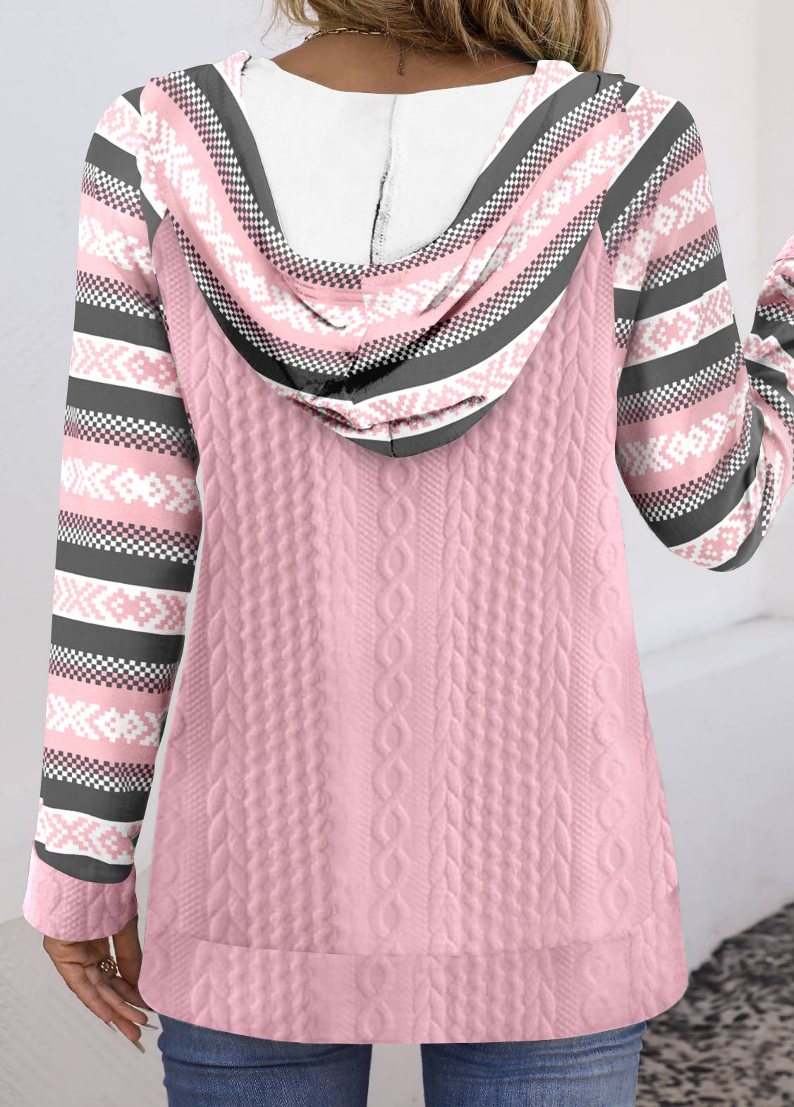 Pink Textured Fabric Multi Stripe Print Long Sleeve Hoodie