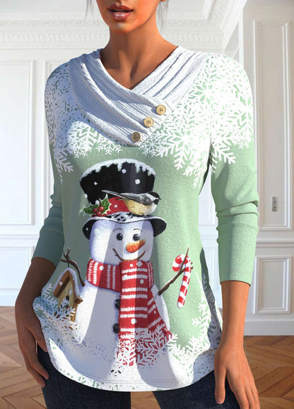 Christmas Light Green Snowman Print Long Sleeve T Shirt