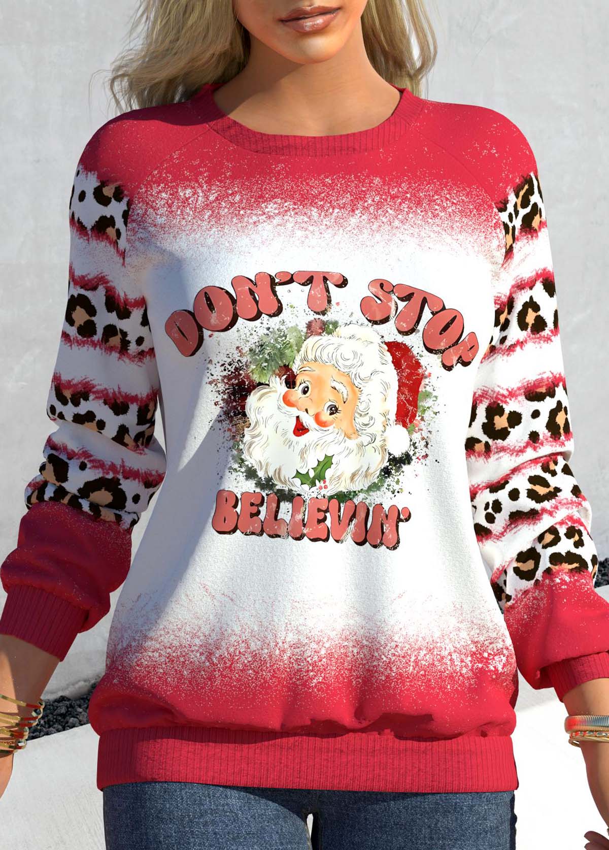 Christmas Hot Pink Santa Claus Print Long Sleeve Sweatshirt
