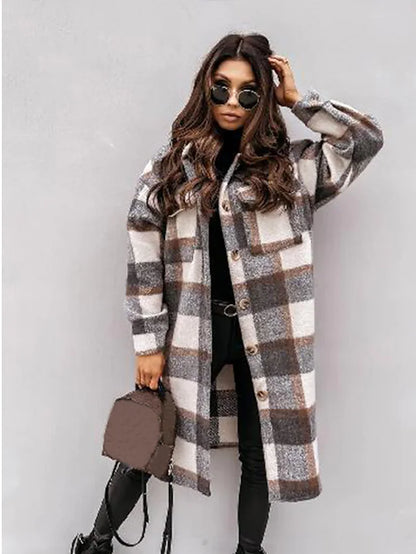 Women's trench coat set head long plaid coat with pockets slim coat