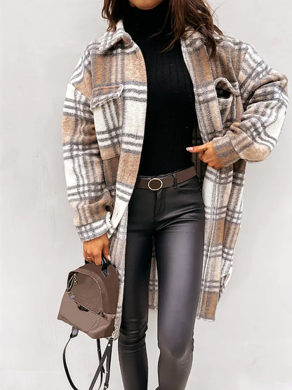 Women's trench coat set head long plaid coat with pockets slim coat