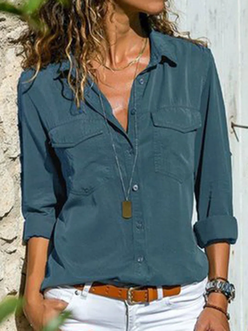 Plain Buttoned Pockets Casual Long Sleeve Shirt