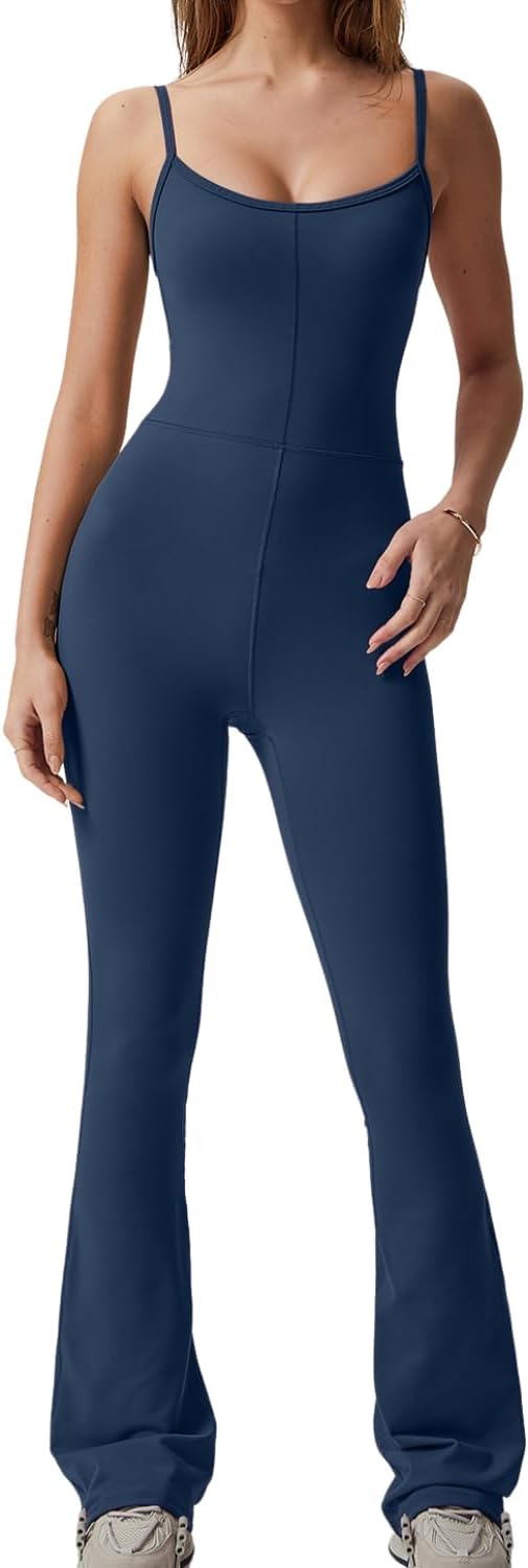 Flare Jumpsuits for Women Spaghetti Straps Scoop Neck Bodycon Full Length Casual Unitard Playsuit