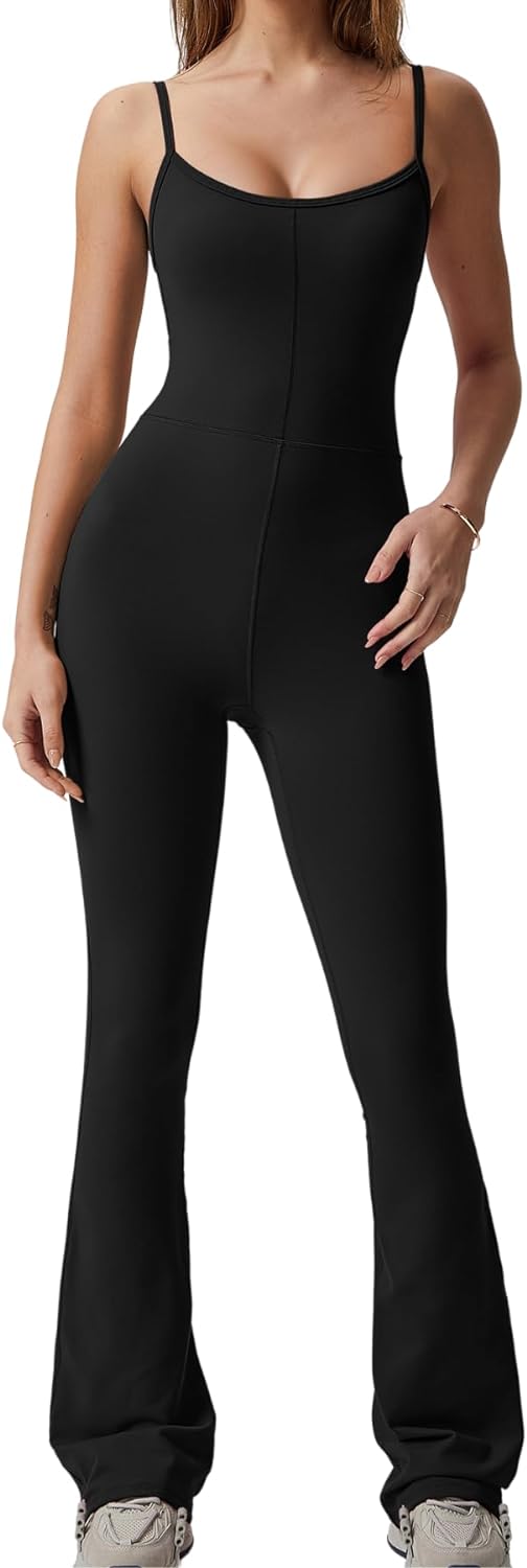 Flare Jumpsuits for Women Spaghetti Straps Scoop Neck Bodycon Full Length Casual Unitard Playsuit