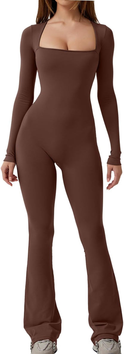 Long Sleeve Jumpsuits for Women Square Neck Wide Leg Full Length Romper Playsuit