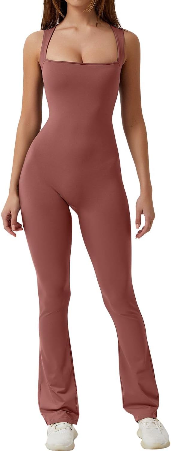 Flare Jumpsuits for Women Strappy Square Neck Bodycon Full Length Long Pants Casual Playsuit