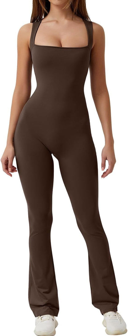 Flare Jumpsuits for Women Strappy Square Neck Bodycon Full Length Long Pants Casual Playsuit