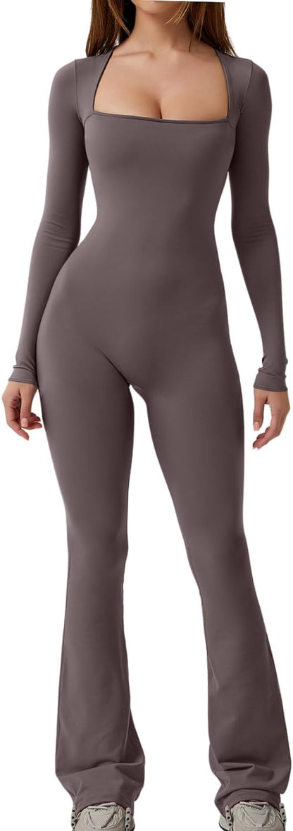 Long Sleeve Jumpsuits for Women Square Neck Wide Leg Full Length Romper Playsuit