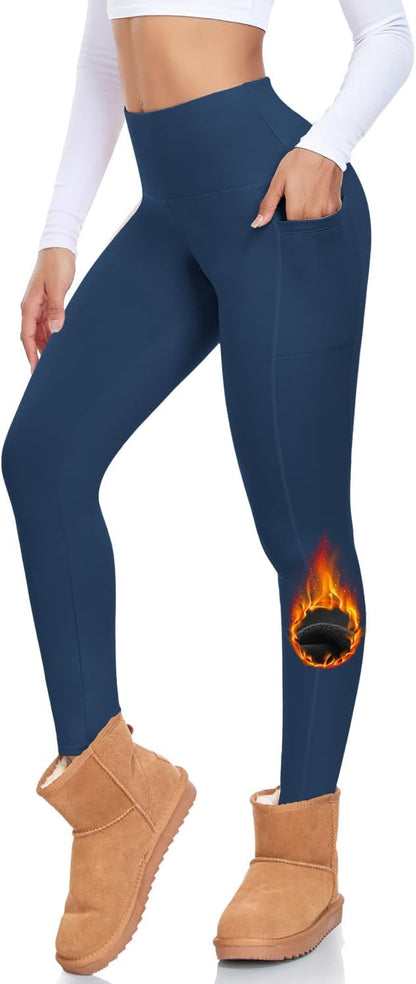 Fleece Lined Leggings with Pockets for Women High Waisted Thermal Winter Tummy Control Yoga Pants Workout Tights