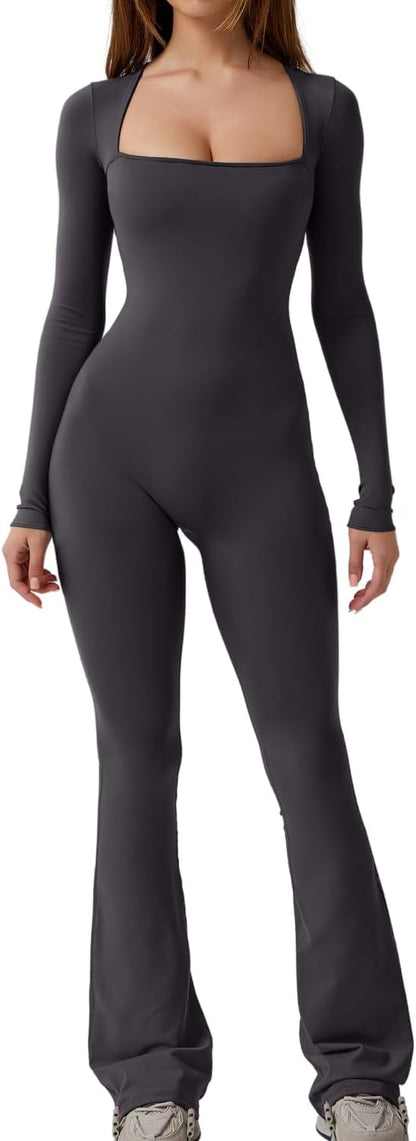 Long Sleeve Jumpsuits for Women Square Neck Wide Leg Full Length Romper Playsuit