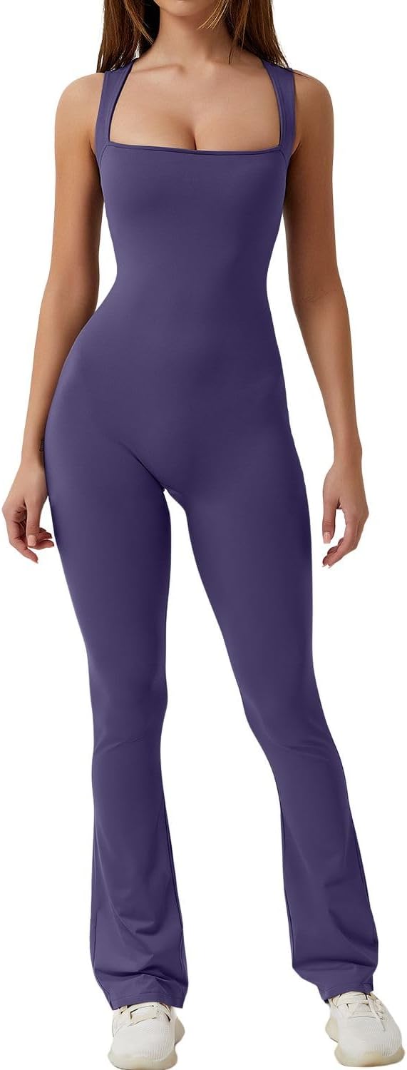 Flare Jumpsuits for Women Strappy Square Neck Bodycon Full Length Long Pants Casual Playsuit