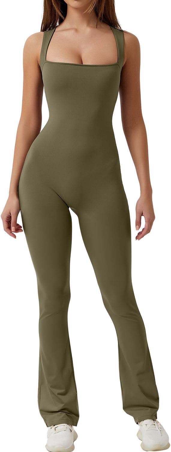 Flare Jumpsuits for Women Strappy Square Neck Bodycon Full Length Long Pants Casual Playsuit