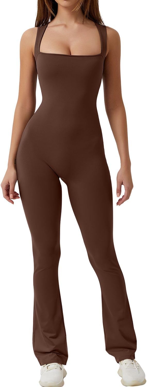 Flare Jumpsuits for Women Strappy Square Neck Bodycon Full Length Long Pants Casual Playsuit