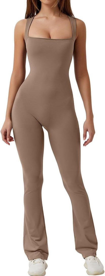 Flare Jumpsuits for Women Strappy Square Neck Bodycon Full Length Long Pants Casual Playsuit