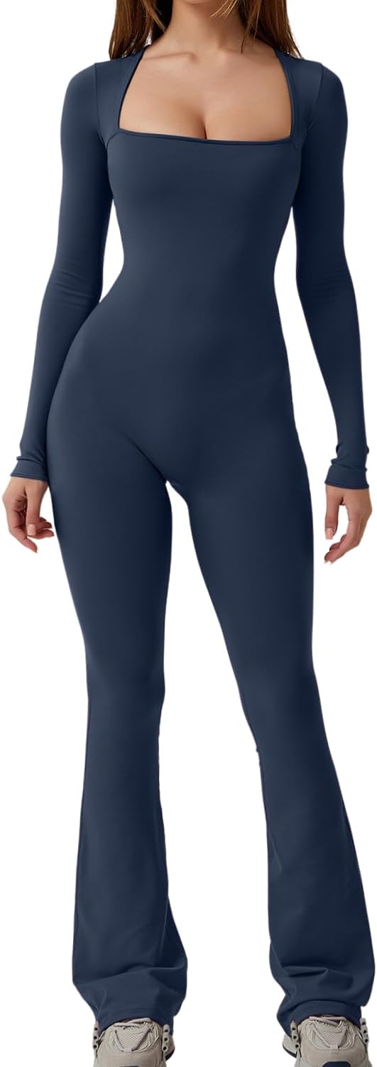 Long Sleeve Jumpsuits for Women Square Neck Wide Leg Full Length Romper Playsuit