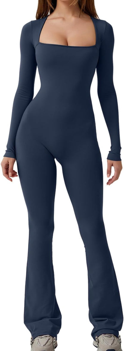 Long Sleeve Jumpsuits for Women Square Neck Wide Leg Full Length Romper Playsuit