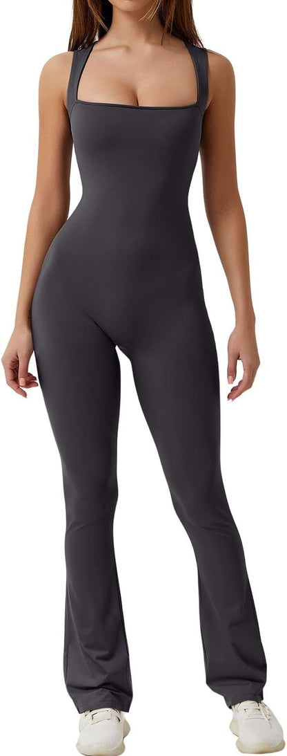 Flare Jumpsuits for Women Strappy Square Neck Bodycon Full Length Long Pants Casual Playsuit