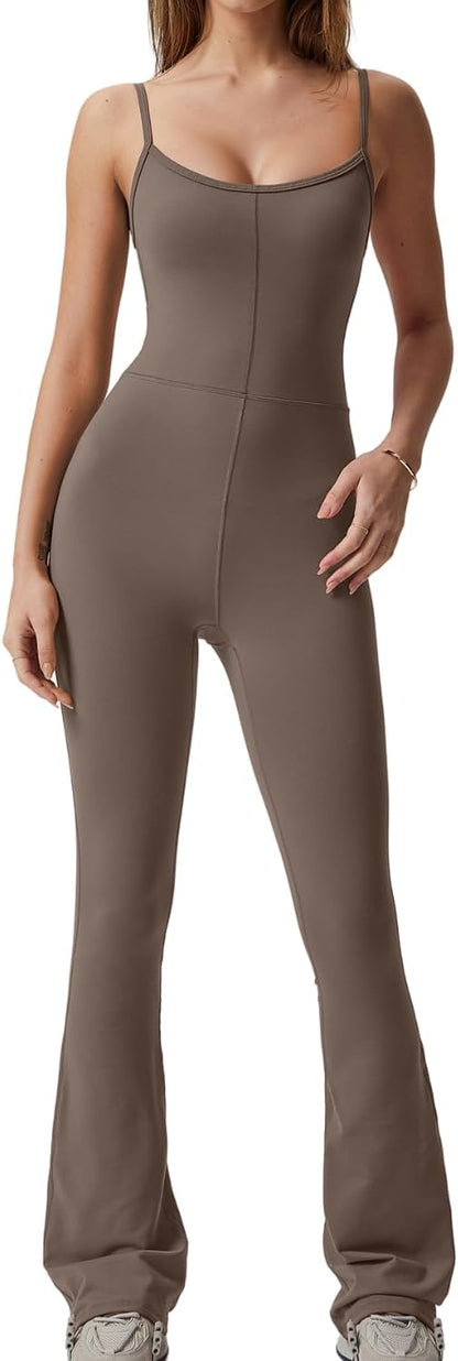 Flare Jumpsuits for Women Spaghetti Straps Scoop Neck Bodycon Full Length Casual Unitard Playsuit