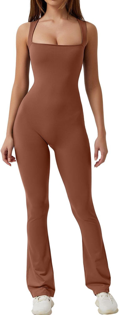 Flare Jumpsuits for Women Strappy Square Neck Bodycon Full Length Long Pants Casual Playsuit