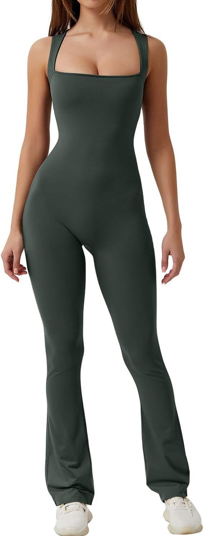 Flare Jumpsuits for Women Strappy Square Neck Bodycon Full Length Long Pants Casual Playsuit