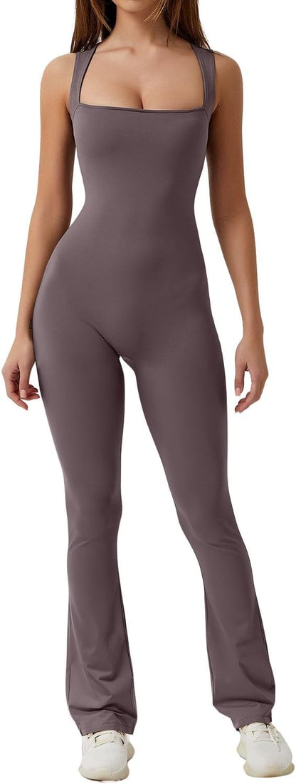 Flare Jumpsuits for Women Strappy Square Neck Bodycon Full Length Long Pants Casual Playsuit