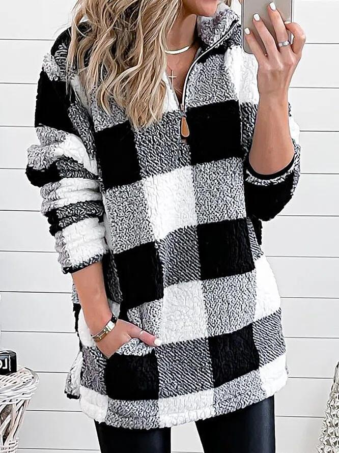 Casual Plaid Loose Fluff Cotton Fleece Fabric Sweatshirt