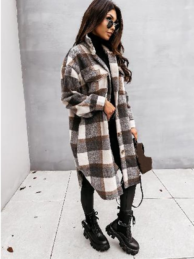 Women's trench coat set head long plaid coat with pockets slim coat