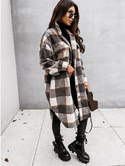 Women's trench coat set head long plaid coat with pockets slim coat