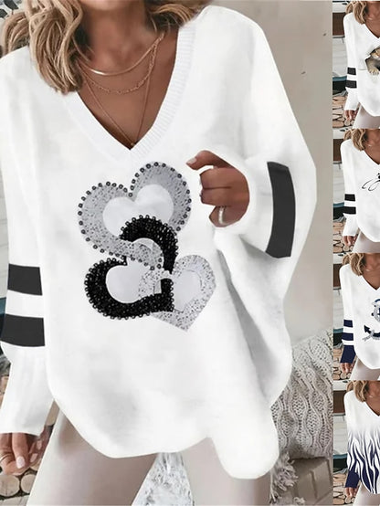 Women's Pullover Sweater Jumper Jumper Ribbed Knit Print Animal V Neck Stylish Casual Outdoor Daily Summer Fall White / Black Black S M L