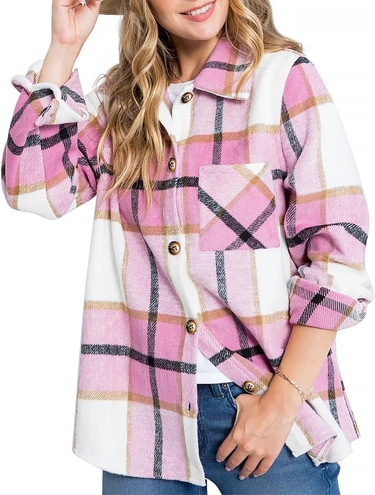 Womens Casual Plaid Shackets Brushed Flannel Button Down Shirt Jacket Coats with Side Pockets