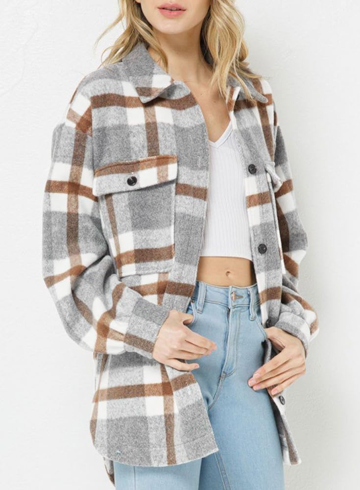 Womens Casual Plaid Shackets Brushed Flannel Button Down Shirt Jacket Coats with Side Pockets