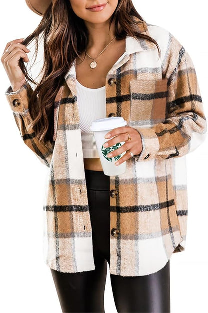 Womens Casual Plaid Shackets Brushed Flannel Button Down Shirt Jacket Coats with Side Pockets