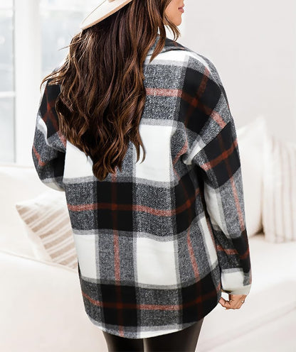 Womens Casual Plaid Shackets Brushed Flannel Button Down Shirt Jacket Coats with Side Pockets